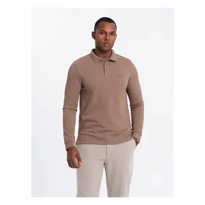 Ombre Men's structured polo longsleeve with patch - brown