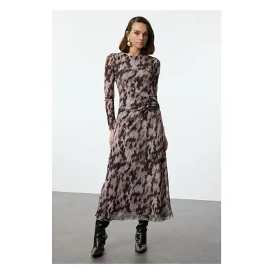 Trendyol Brown Printed Gather/Drape Maxi Knit Dress