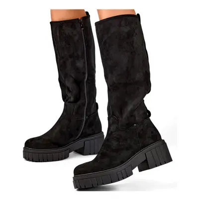 primohurt Black classic women's boots with a thick sole, suede over-the-knee boots