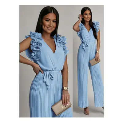 Pleated jumpsuit with ruffles, blue