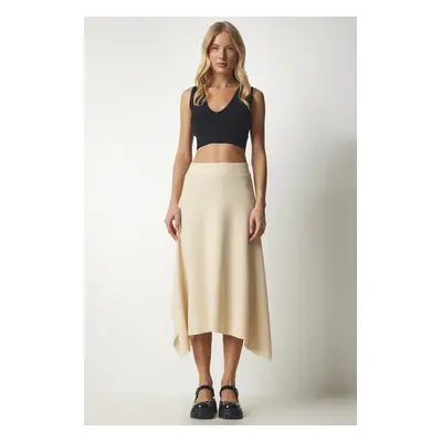 Happiness İstanbul Women's Latte Asymmetrical Cut Ribbed Knitted Skirt