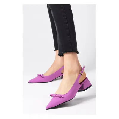 Mio Gusto Lynn Purple Women's Short Heeled Shoes with Open Back Matte Satin Fabric.