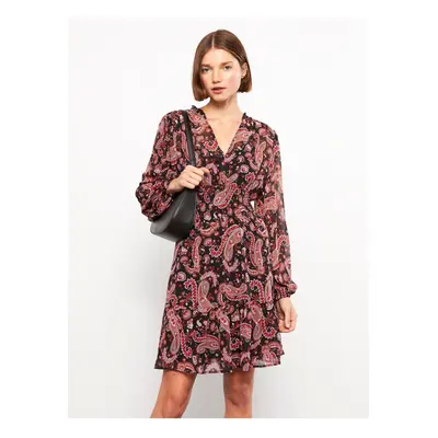 LC Waikiki V-Neck Patterned Long Sleeve Chiffon Women's Dress