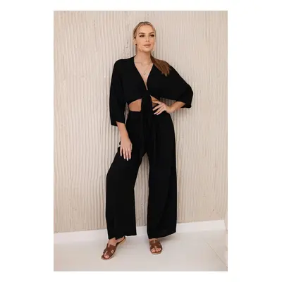 Women's set blouse with ties + trousers - black