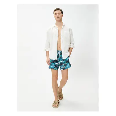 Koton Swim Shorts with Palm Tree Print, Lace Waist and Pocket