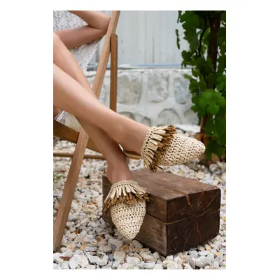 NİŞANTAŞI SHOES Viana Beige Knitted Women's Slippers, Beige Beige Tan and Tassel Detail.