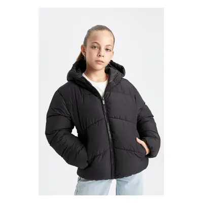 DEFACTO Girls Water Repellent Windproof Hooded Pocket Zippered Puffer Jacket