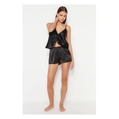 Trendyol Black Shirred Detailed Satin Singlet-Shorts Woven Pajamas Set