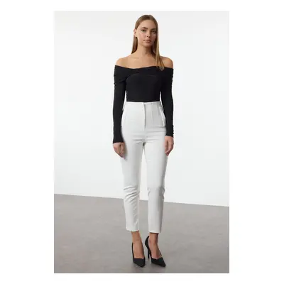 Trendyol White Cigarette Pattern Darted High Waist Ankle Length Woven Trousers