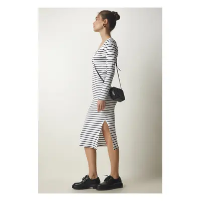 Happiness İstanbul Women's White Striped Slit Wrap Knitted Dress