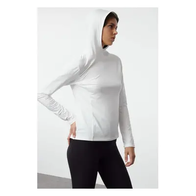 Trendyol White Micro Reflective Print Detailed Hooded Knitted Sports Top/Blouse