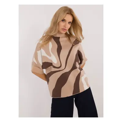 Beige and brown women's oversize sweater with patterns