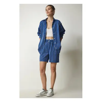 Happiness İstanbul Women's Blue Striped Satin Surface Shirt Shorts Set