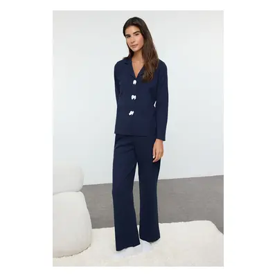 Trendyol Navy Blue Solid Bow Waffle Knitted Pajama Set