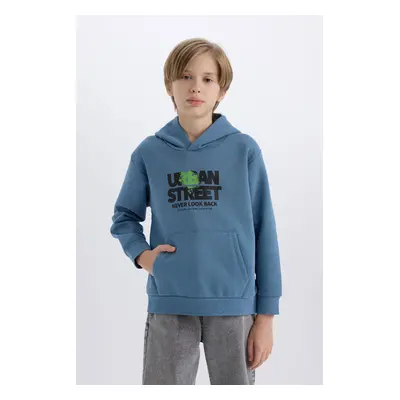 DEFACTO Boy's Hooded Printed Pocket Soft Furry Sweatshirt