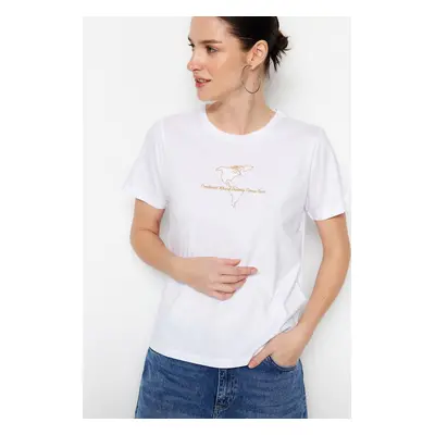 Trendyol Ecru 100% Cotton Embroidered Basic Crew Neck Knitted T-Shirt