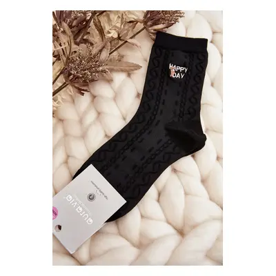 Women's patterned socks with an inscription and a teddy bear, black