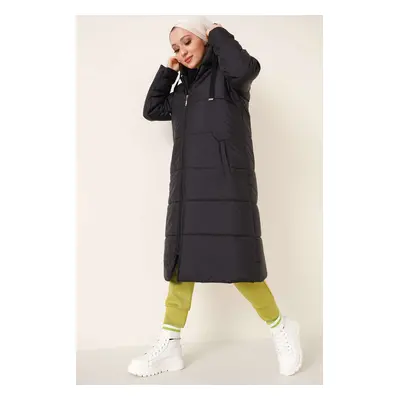 Bigdart T5120 Hooded Long Puffer Hijab Coat - Black