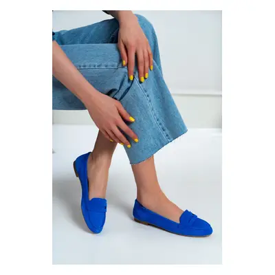 NİŞANTAŞI SHOES Charis Blue Genuine Suede Flat Sole Women's Ballerinas