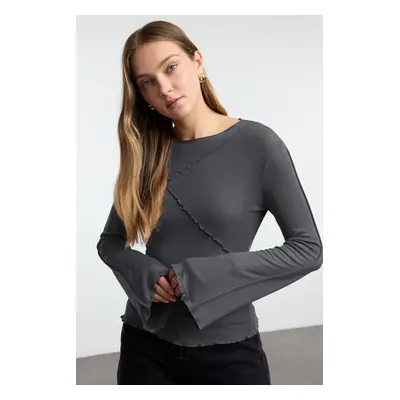 Trendyol Anthracite Ribbed Detailed Fitted/Fits-Your-Body Spanish Sleeve Knitted Blouse