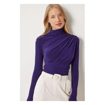 Happiness İstanbul Women's Purple Gathered Detailed High Neck Sandy Blouse