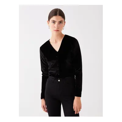 LC Waikiki Women's V-Neck Straight Long Sleeve Velvet Blouse