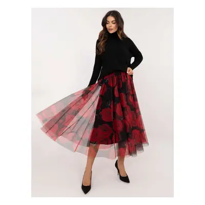 Red and black floral tulle midi skirt