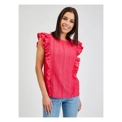 Navy pink women's T-shirt with ruffles ORSAY