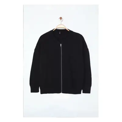 Trendyol Curve Black Zippered Crew Neck Knitwear Cardigan