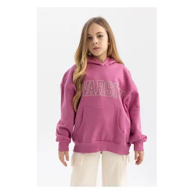 DEFACTO Girl Oversize Wide Pattern Hooded Printed Soft Fluffy Thick Sweatshirt