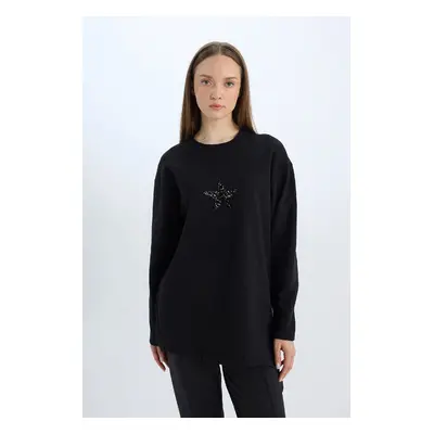 DEFACTO Relax Fit Crew Neck Printed Soft Fluffy Sweatshirt Tunic