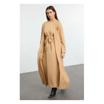 Trendyol Mink Belt Detailed Knitted Cardigan Dress Set