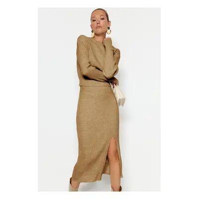 Trendyol Camel Crop Skirt Knitwear Bottom-Top Set