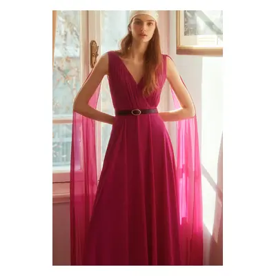 Trendyol X Dilek Hanif Purple Evening Dress & Prom Dress with a Double Breasted Collar, Belt