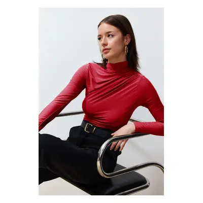 Trendyol Red Gathered Square Neck Body-Smoothing Flexible Knitted Blouse