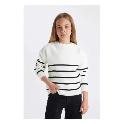 DEFACTO Girl Ecru Striped Crew Neck Knitwear School Sweater