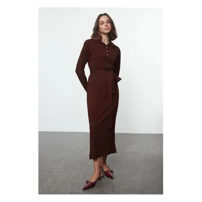 Trendyol Brown Belted Polo Collar Knitwear Ribbed Knitted Sweater Dress