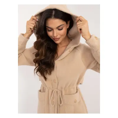 Beige women's alpaca coat with drawstring