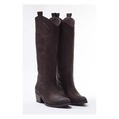 Trendyol Dark Brown Embroidered Block Heel Cowboy Boots