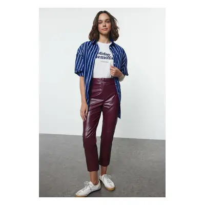 Trendyol Claret Red Faux Leather Cigarette Zippered Woven Trousers