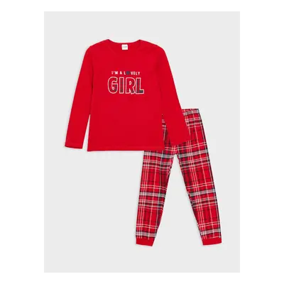 LC Waikiki Crew Neck Printed Long Sleeve Girl's Pajama Set