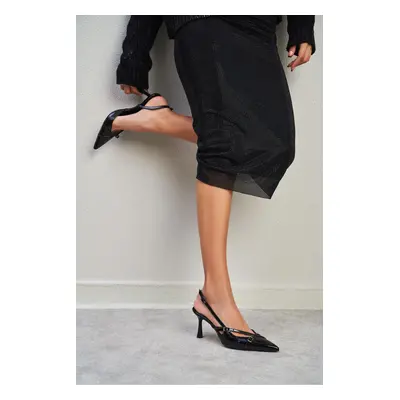 NİŞANTAŞI SHOES Wanda Black Patent Leather Belt Detail Ankle Strap Women's Heeled Shoes