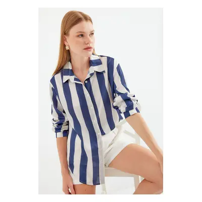 Bigdart Lightly Flowy Striped Satin Shirt - Navy Blue