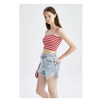 DEFACTO Coool Fitted Strappy Striped Waffle Crop Tank Top