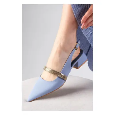 Mio Gusto Laura Blue Color Open Back Matte Satin Fabric Women's Short Heeled Shoes