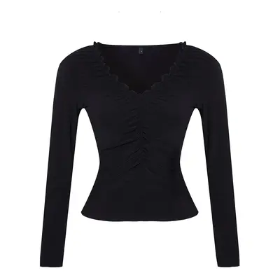 Trendyol Black Drawstring/Drape Detail V-Neck Body-Fitting Stretchy Knitted Blouse