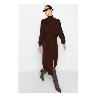 Trendyol Brown Turtleneck Knitwear Skirt Bottom-Top Set