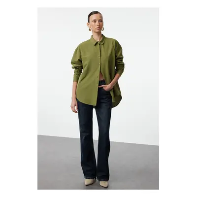 Trendyol Dark Khaki Loose Fit Cotton Woven Shirt