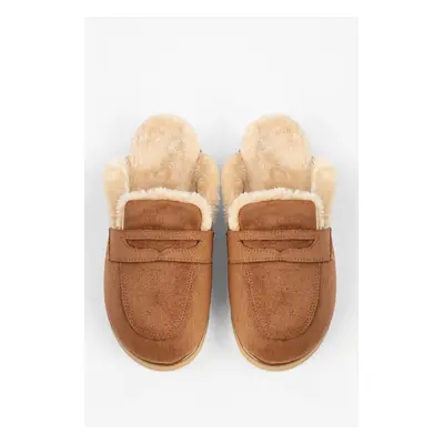 Shoeberry Women's Plush Tan Suede Flat Slippers with Fur Inside