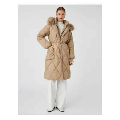 Koton Puffer Coat Plush Detailed Belted Snaps Hooded